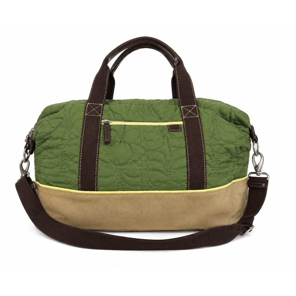 Fossil Green Quilted Floral Duffle Weekender Bag Brown Leather Canvas Shoulder